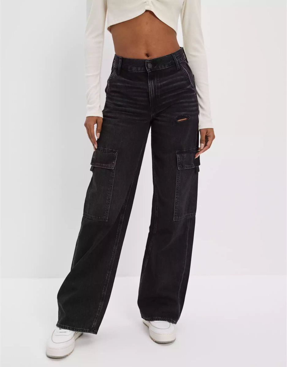 Jean American Eagle AE Super High-Waisted Cargo Baggy Larges-Leg Noir Femme | UED-31871645